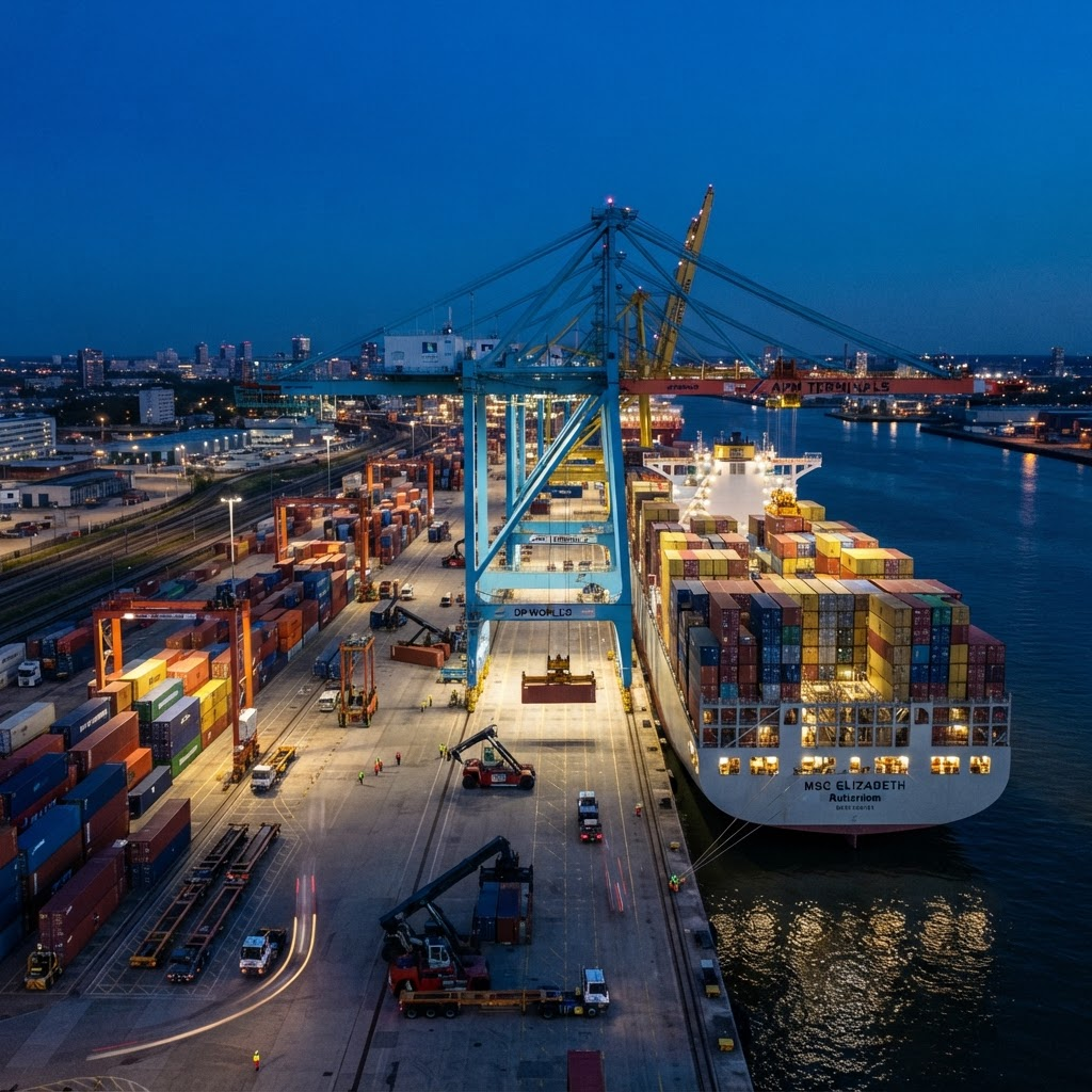 Terminal portuaria con grúas cargando contenedores